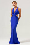 Royal Blue Mermaid V hals Cut Out Rynkad Lång Brudtärna Klänning