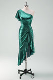 Mörkgrön Metallisk One Shoulder Mermaid Cocktail Klänning med Volanger