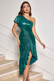 Mörkgrön One Shoulder Bodycon Metallic Cocktailklänning med Volanger
