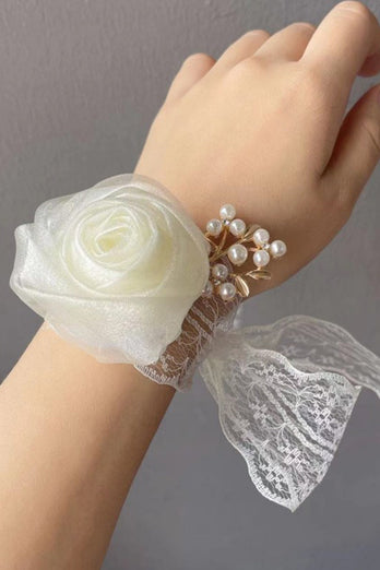 Champagne Pearl Prom Wrist Corsage med Spetsband