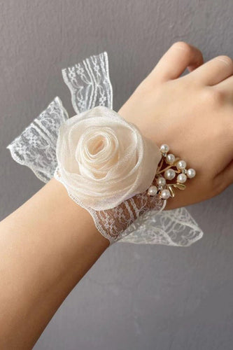 Champagne Pearl Prom Wrist Corsage med Spetsband