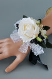 Lyxigt svart vitt Homecoming handledskorsage och Boutonniere set för män