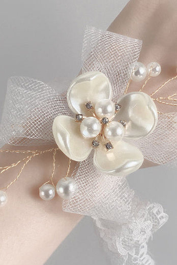 Elegant Vit Keramisk Blomma Mesh Handled Corsage med Spetsband