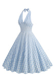 Halter Blå Rutig 1950-tals Klänning Med Rosett