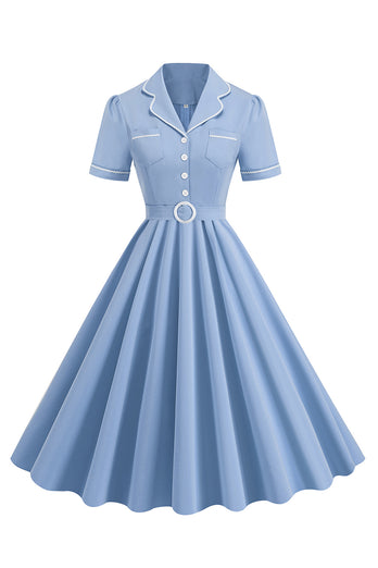 Blå A Line Kavajslag Vintage 1950-talsklänning med knappar