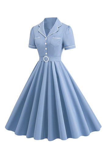 Blå A Line Kavajslag Vintage 1950-talsklänning med knappar