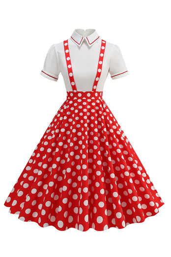 Blå Peter Pan Krage Polka Dots Remmar Övergripande Vintage Klänning