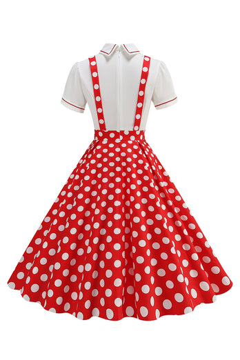 Blå Peter Pan Krage Polka Dots Remmar Övergripande Vintage Klänning