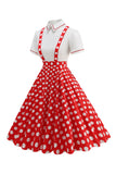 Blå Peter Pan Krage Polka Dots Remmar Övergripande Vintage Klänning