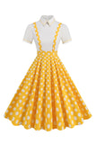 Blå Peter Pan Krage Polka Dots Remmar Övergripande Vintage Klänning