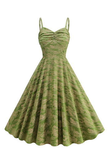 En linje armé grön spaghetti remmar tryckt vintage 1950s klänning