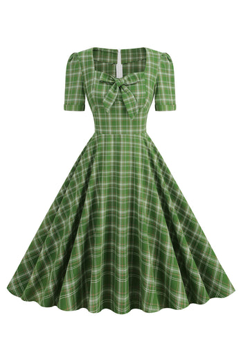 Grön Bowknot Kortärmad Rutig 1950-tals vintage klänning