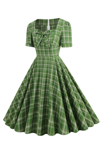 Grön Bowknot Kortärmad Rutig 1950-tals vintage klänning