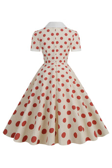 Retro Style Röd Polka Dots Vintage Swing Klänning med Cap Ärmar