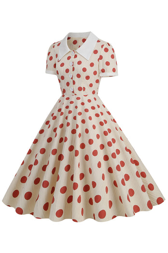 Retro Style Röd Polka Dots Vintage Swing Klänning med Cap Ärmar