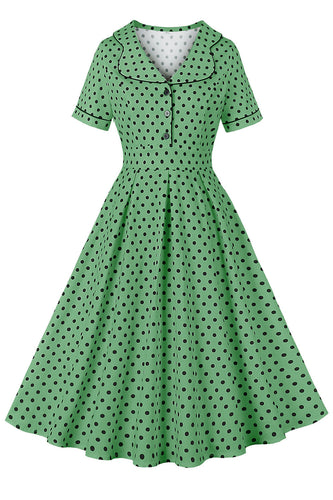 Grön Kavajhals Polka Dots Vintage Klänning med Korta ärmar