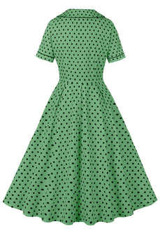 Grön Kavajhals Polka Dots Vintage Klänning med Korta ärmar