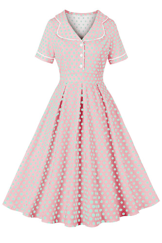 Kavajslag Rosa Polka Dots Vintage Klänning med Korta ärmar