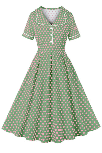 Rosa Grön Kavajhals Polka Dots Vintage Klänning med Korta ärmar