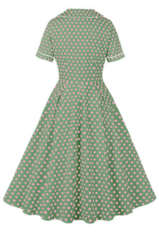 Rosa Grön Kavajhals Polka Dots Vintage Klänning med Korta ärmar