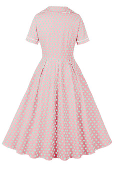 Kavajslag Rosa Polka Dots Vintage Klänning med Korta ärmar