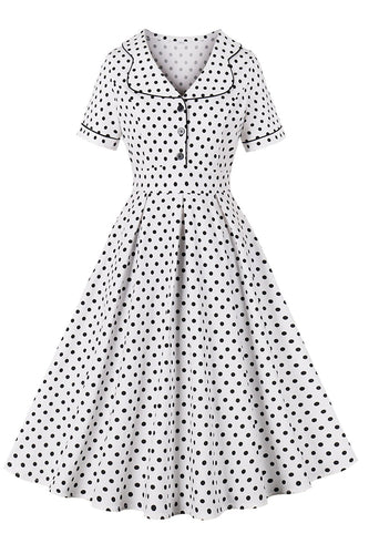 Vit Kavajhals Polka Dots Vintage Klänning med Korta ärmar