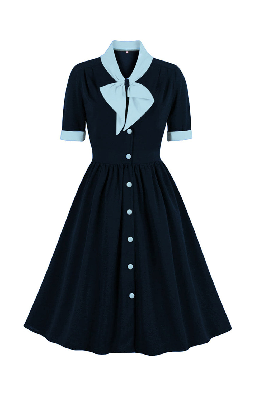 A-linje Marinblå Retro Button Up Vintage Klänning med Korta Ärmar