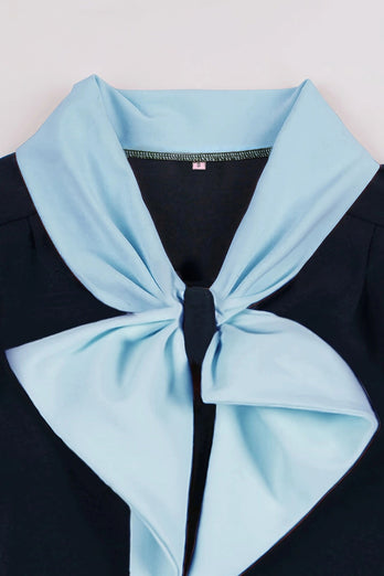 A-linje Marinblå Retro Button Up Vintage Klänning med Korta Ärmar
