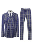 Royal Blue Plaid Peak Kavajslag Dubbelknäppt 2 delar Mäns kostym