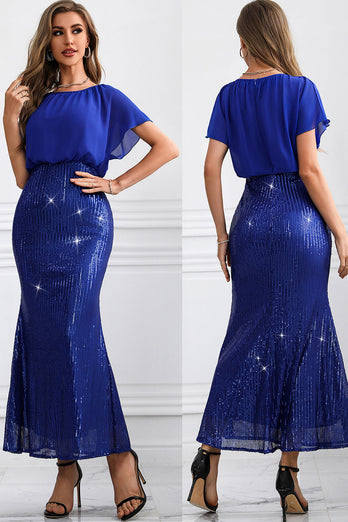 Glittrande Royal Blue Långa Batwing Ärmar Mermaid Prom Klänning