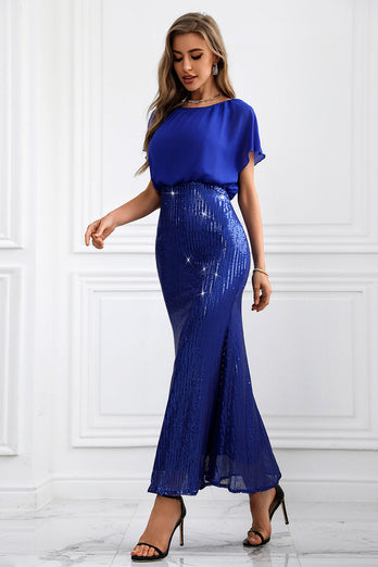 Glittrande Royal Blue Långa Batwing Ärmar Mermaid Prom Klänning