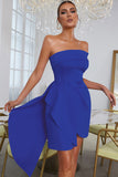 Blå Bodycon Axelbandslös Solid Asymmetrisk Cocktail Party Klänning