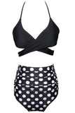 Svart och vit prickig halter kors och tvärs Två Stycken Bikini Baddräkt
