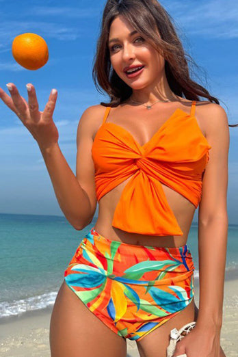 Orange Strand Semester Tropisk Växt Tryck Front Knot Bikini Set