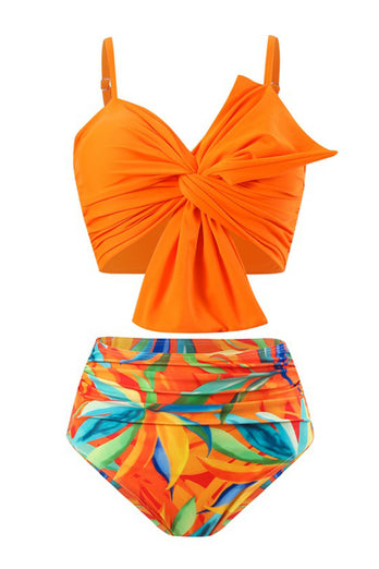 Orange Strand Semester Tropisk Växt Tryck Front Knot Bikini Set