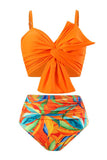 Orange Strand Semester Tropisk Växt Tryck Front Knot Bikini Set
