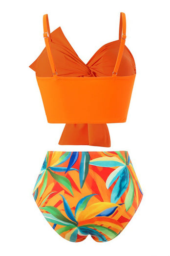 Orange Strand Semester Tropisk Växt Tryck Front Knot Bikini Set