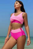 Rosa Fuchsia Color Block Hög Midja Twist Front Två Delade Baddräkter