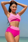 Rosa Fuchsia Color Block Hög Midja Twist Front Två Delade Baddräkter