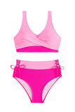Rosa Fuchsia Color Block Hög Midja Twist Front Två Delade Baddräkter