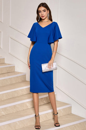 Royal Blue Bodycon V-ringad Midi Klänning för brudens mor med korta ärmar