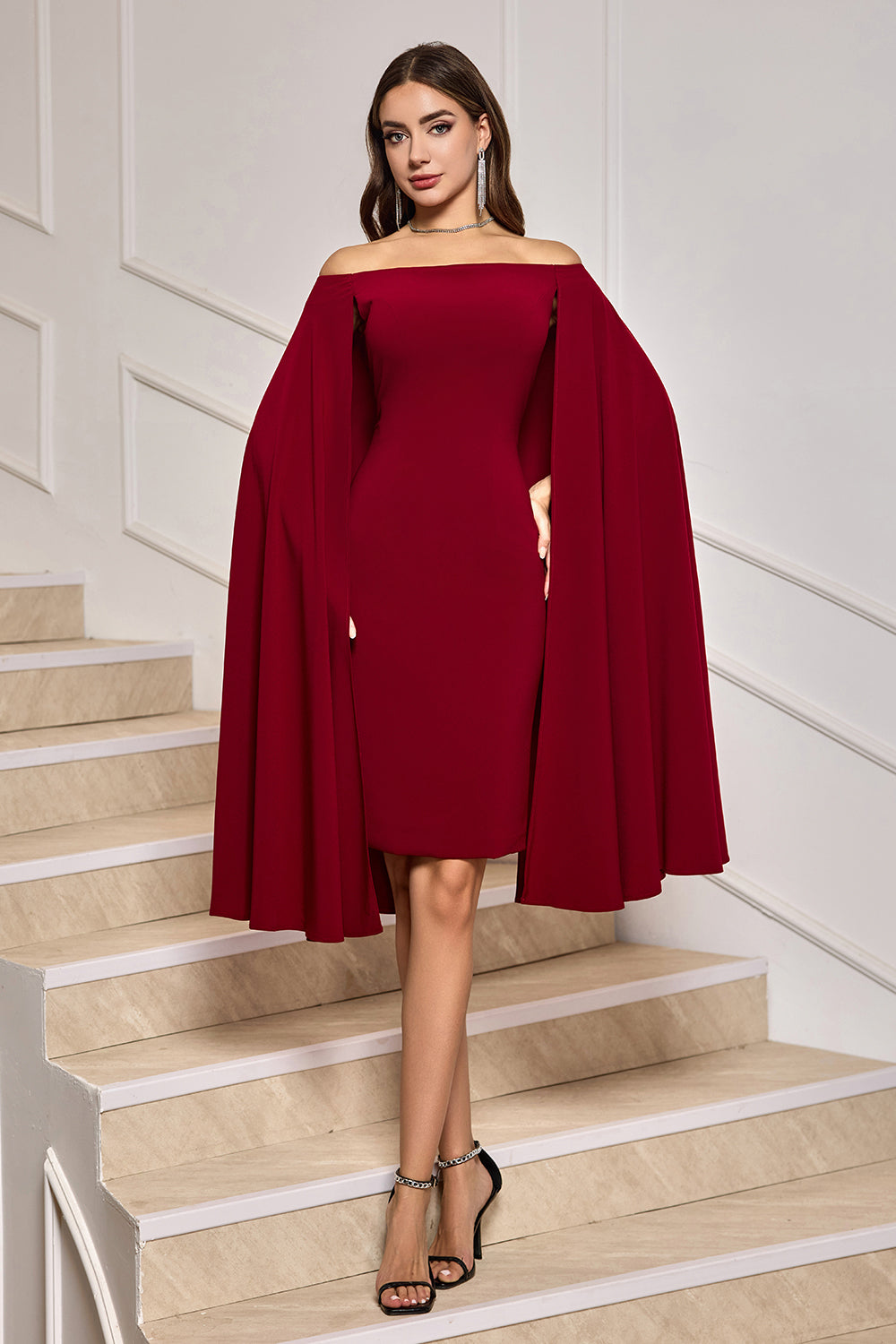 Vinröd Bodycon Off The Shoulder Midi Cocktailklänning med Cape ärmar