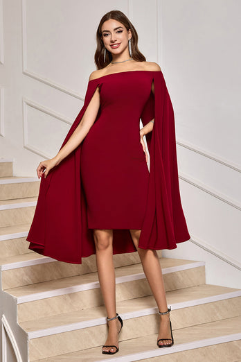 Vinröd Bodycon Off The Shoulder Midi Cocktailklänning med Cape ärmar