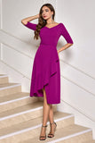 Grape Purple Asymmetrisk Midi Cocktail Klänning med Halva Ärmar