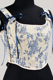 Blå Blomma Snörning Rygg Korsett Bustier Topp