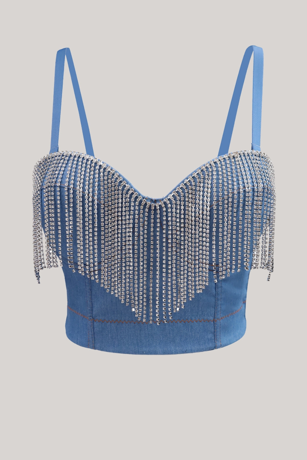 Blå Strass Fringe Denim Crop Top