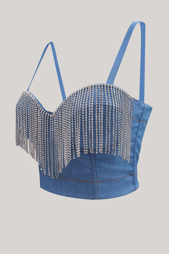 Blå Strass Fringe Denim Crop Top