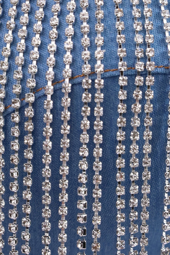 Blå Strass Fringe Denim Crop Top