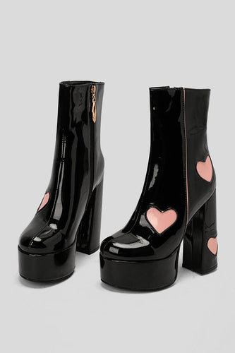 Svart PU Läder Platform Chunky Block High Heel stövlar med rosa hjärtan