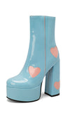 Svart PU Läder Platform Chunky Block High Heel stövlar med rosa hjärtan